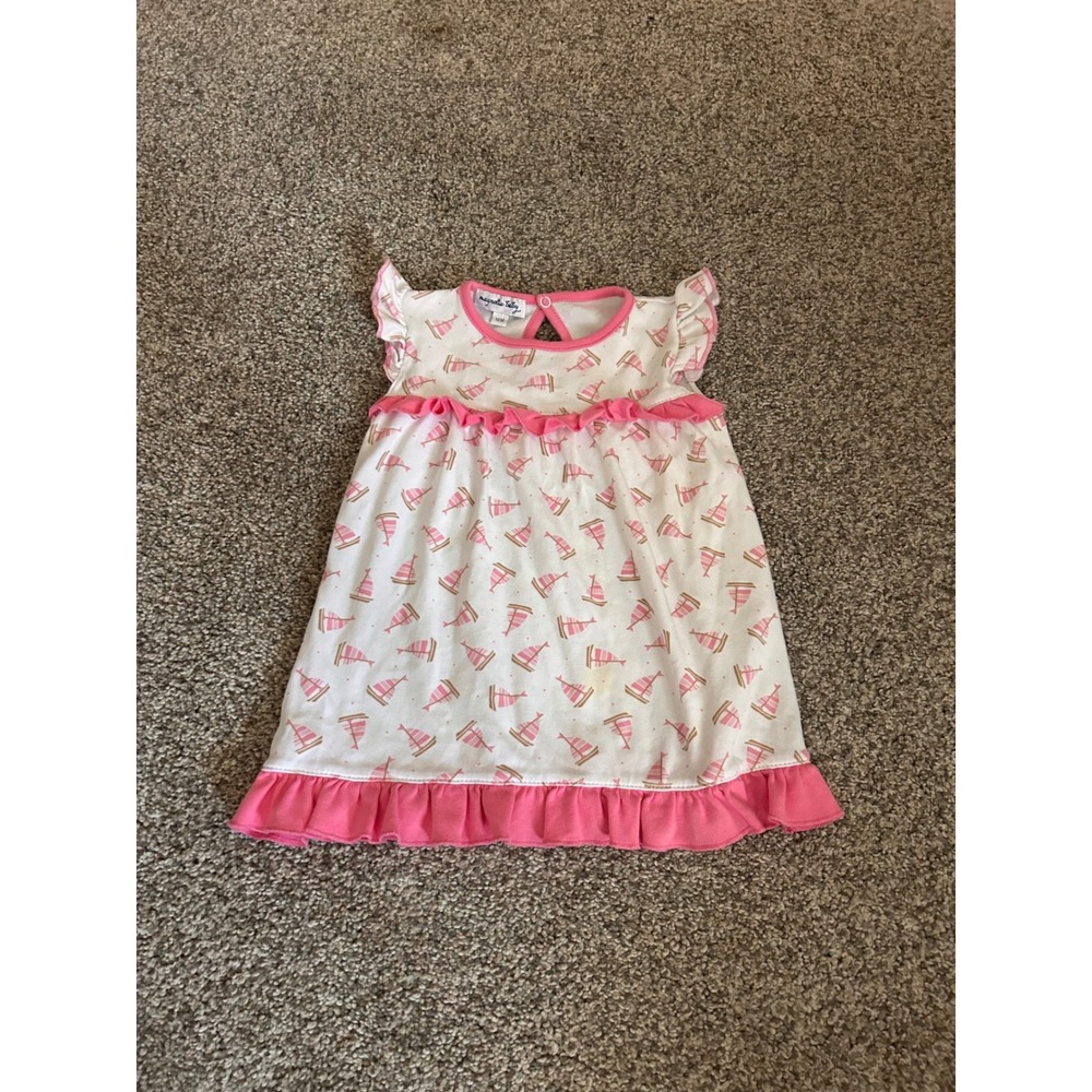 Magnolia Baby 12M Pink White Sailboat Flutter Sleeve Ruffle Pima Cotton Dress